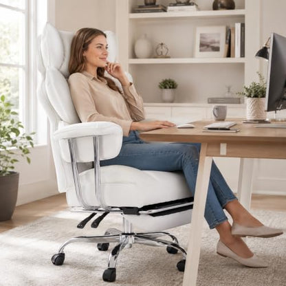 Big and Tall Office Chair, Ergonomic Executive Desk Chair with Footrest and Lumbar Support, Heavy Duty PU Leather Reclining Computer Chair with Extra Wide Seat for Home Office, Beige - color: Beige
