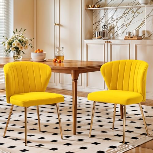 Velvet Dining Chairs Set of 2, Modern Upholstered Vanity Chairs with Golden Metal Legs for Dining Room Kitchen Vanity Patio (Yellow) - color: Yellow