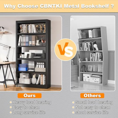 5 Tier Metal Bookshelf,69'' Tall Heavy Duty Bookcase with Adjustable Shelves,Black Large Modern Bookshelves,Industrial Open Bookcases for Library,Office,Study Room,Living Room - color: Black, size: 69" New