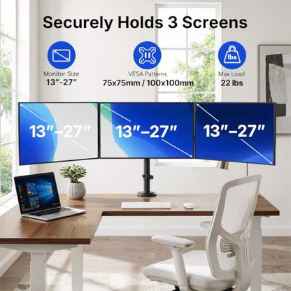 HUANUO Triple Monitor Mount for 13-27 Inch Screens | Tilt, Swivel, Rotation, Heavy Duty Monitor Desk Mount with C-Clamp, Grommet Base, VESA 75/100mm, Holds up to 22 lbs per Arm