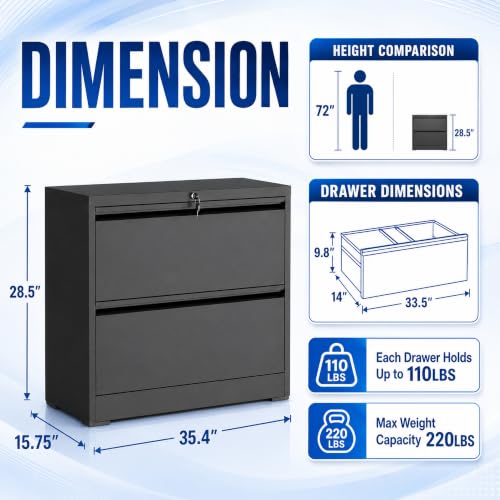 2 Drawer Lateral File Cabinet with Lock, 35.4" W File Cabinet - color: Black, size: 35.4"W - 2 Drawer