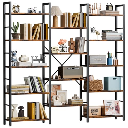 Shintenchi Triple Column 5 Tier Bookshelf, Industrial Large Bookcase Display Shelves, Large Etagere Bookshelf,Wide Book Shelf Book Case for Home & Office, Rustic Brown - size: 5-Tier(Wide)