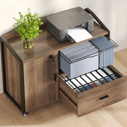 HSH Rolling File Cabinet with Lock, Mobile Lateral Filling Cabinet on Wheels, Wood Printer Stand with Storage Drawer, Modern File Cabinets Fits F4 Legal for Home Office, Rustic Oak, 33Inch - color: Rustic Oak