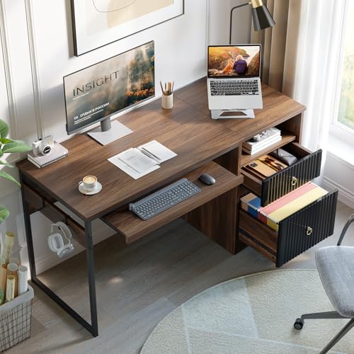 Bestier 55 Inch Wood Computer Desk with File Drawer & Keyboard Tray, Cherry | Fluted Panels, Ring Handles, File Drawer Letter/Legal, Storage Drawer, Keyboard Tray, Reversible, 2 Hooks, 150 Lbs, P2 Board - color: Cherry, size: 55 Inch