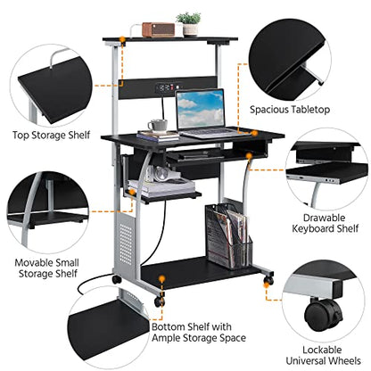 Yaheetech Small 3-Tier Rolling Computer Desk, Power Outlet, Black | Engineered wood tiers and metal frame suit small spaces, holding a monitor, printer, and keyboard tray by a built-in outlet. - color: Black