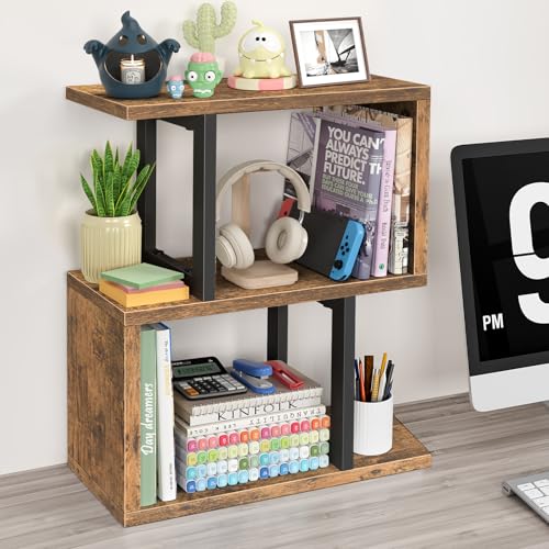 Desktop Bookshelf for Top of Desk Shelf - Brown Book Organizer 3-Tier Shelves Storage Small Bookcase Hutch for Dorm Office College - color: Brown