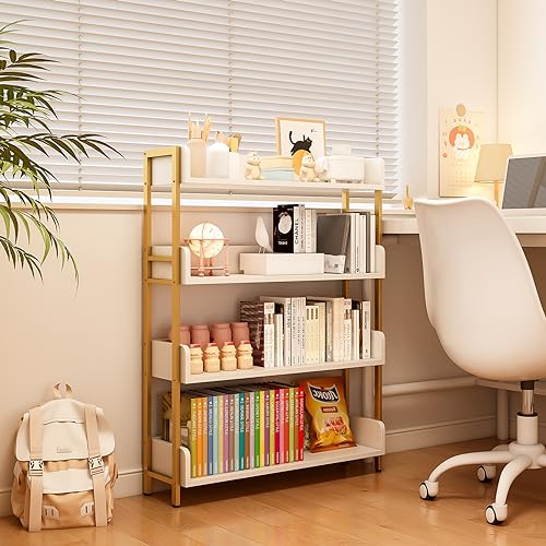 OSCHF Wide Open Shelf Bookcase, 4-Tier, White with Gold Frame - size: 4-Tier