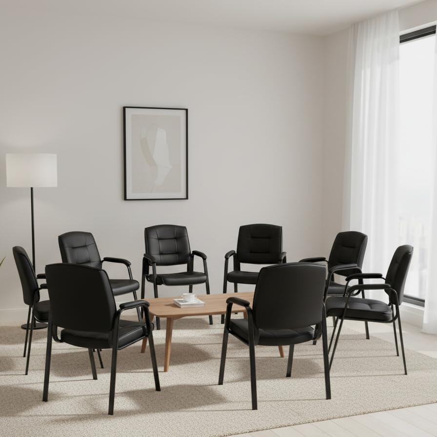 Naomi Home Faux Leather Guest Reception Chair Set of 8 - Black | Stackable office chair with supportive armrests and durable construction for everyday office seating. - color: Black, Faux Leather, style: Set of 8