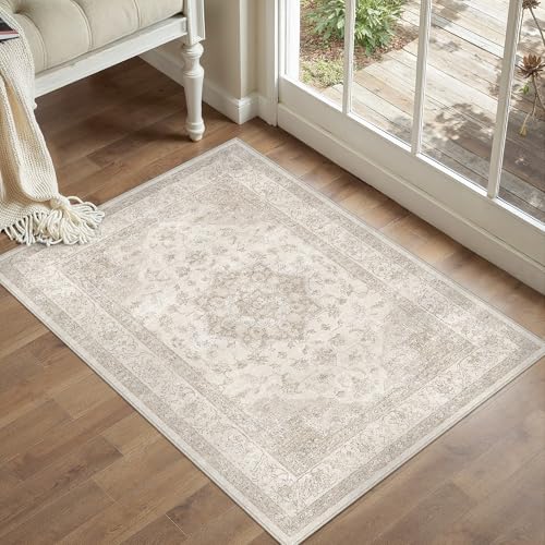 PureCozy Beige 2x3 Washable Area Rug Vintage Oriental Medallion Doormat | Soft Low Pile, Non Slip, Stain Resistant, Neutral Retro Decor for Enyrtway, Kitchen, Living Room, Bedroom, Kids Room - color: Beige, size: 2' x 3' (Rectangular)
