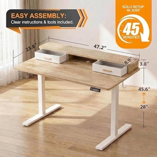 Grandder Electric Standing Desk with Two Drawers, Sit to Stand Up Height Adjustable Desk with Storage Shelf for Home Office, 47 * 24 Inch, Study, Ergonomic Adjustable Computer Desk, Oak - color: Oak, size: 47 Inch