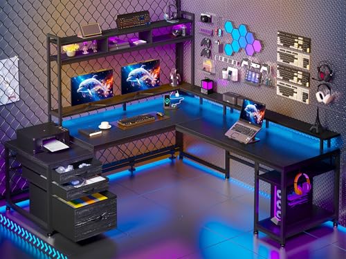 EnHomee 64x59 Inch Two Person L Shaped Gaming Desk with Shelf & LED Lights - color: Black
