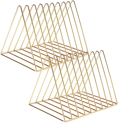 Sooyee 2 Pack 9 Slot Gold Magazine Holder, Desktop File Sorter Organizer Triangle Bookshelf Decor for Home Office, Iron Wire - color: 2 Pcs Gold