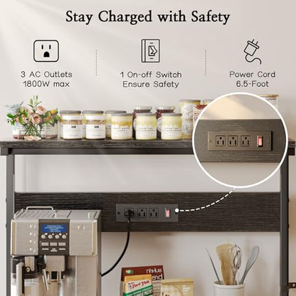 SUPERJARE Bakers Rack with Power Outlets, Microwave Stand, 39.4 X 14.3 Inch Larger Desktop, Kitchen Storage Rack with Adjustable Middle Shelf, 6 S-Shaped Hooks, Coffee Bar Stand, Black - color: Black, size: 39.4inch