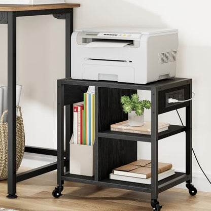Garvee 3-Tier Printer Stand, Rolling Under Desk Printer Cart with Lockable Wheels, Industrial Mobile Printer Table with Power Outlets, USB Ports & Paper Storage Shelf for Home, Office, Retro Black - color: Retro Black