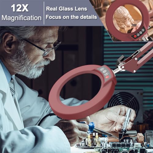 12X Magnifying Glass with Light and Stand, Upgrade Button 5 Color Modes Stepless Dimmable, 2-in-1 LED Lighted Magnifier Light, Hands Free Desk Lamp with Clamp for Craft Hobby Close Work - Red - color: Red, size: 12X 17.8inch Base & Clamp
