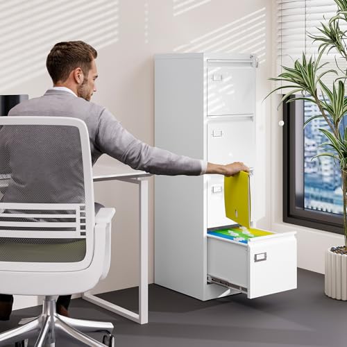 BYNSOE 4 Drawer File Cabinet with Lock Metal Vertical File Storage Cabinet Office Home Steel Vertical File Cabinet for A4 Legal/Letter Size Narrow File Cabinet Locked,Assembly Required - color: White, size: 50.11"H x 17.71"D x 15"W