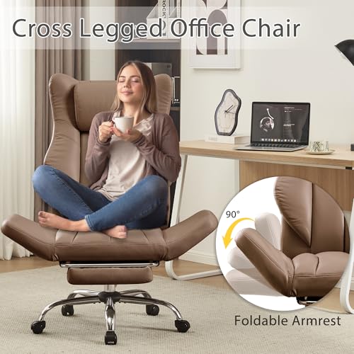 JOMEED Cross Legged Office Chair with Footrest,Flip Armrest,Brown - color: Brown