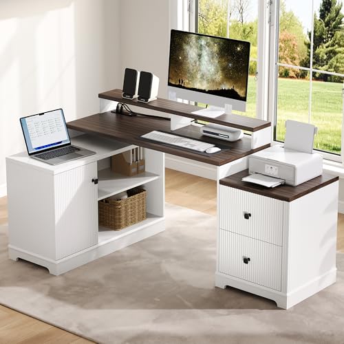 67" Farmhouse L Shaped Desk with Drawers and Printer Stand for Home Office, Computer Desk with Power Outlet, Home Office Desk with Storage Shelves and Monitor Stand, Computer Writing Desk, White