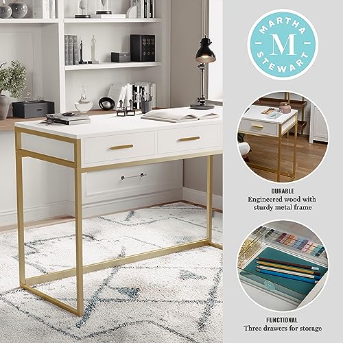 Martha Stewart Ollie Home Office Desk with 3 Drawers in White with Polished Brass Hardware - color: White Top/Polished Brass Frame