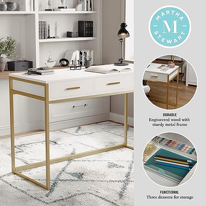 Martha Stewart Ollie Home Office Desk with 3 Drawers in White with Polished Brass Hardware - color: White Top/Polished Brass Frame