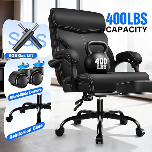 AreShark Ergonomic Office Chair with Footrest - High Back Executive Leather Desk Chair, Breathable Reclining Computer Chair with Lumbar Support, Heavy Duty Swivel Task Chair for Home Office & Gaming - color: Ebony