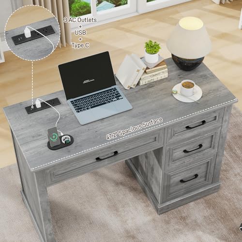 Vabches Farmhouse 47" Executive Desk with Charging Station, Grey | Computer Desk with Drawers, Workstation Computer Desk with File Drawer for Home Office,Study. - color: Grey