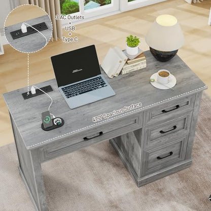 Vabches Farmhouse 47" Executive Desk with Charging Station, Grey | Computer Desk with Drawers, Workstation Computer Desk with File Drawer for Home Office,Study. - color: Grey