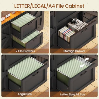 SEDETA 47.2" File Cabinet, 2 Drawers Filing Cabinets for Home Office fit Legal/Letter/A4 File, Farmhouse File Cabinet with Barn Door & Power Outlets, Printer Stand with Storage & LED Lights, Black - color: Black