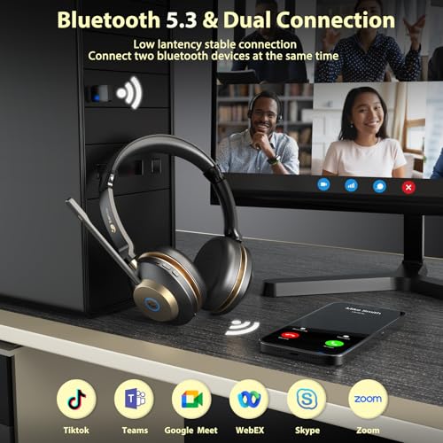 Earbay 5.3 Bluetooth Headset, Wireless Headset with Noise Canceling Mic & USB Dongle, 50Hrs Wireless Headphones with Mic Mute & Charge Dock, for Calls, Perfect for PC, Laptop, Phone, Teams and Zoom