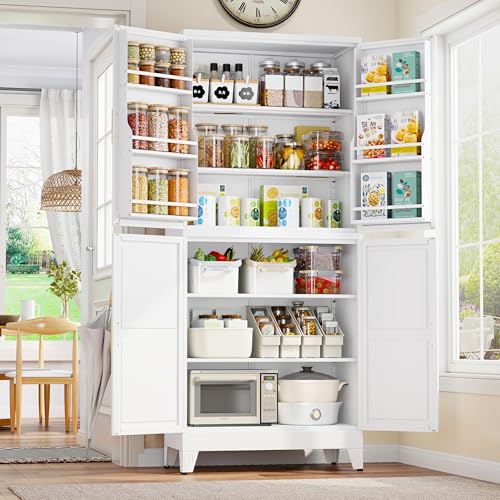 GAIOUS 74.8" Tall Metal Food Cabinet, White Kitchen Pantry Cabinet, Storage Cabinets with 4 Door and 4 Adjustable Shelves, Steel Freestanding Cupboard for Kitchen Dining Room Living Room Bathroom - color: White, size: 15.75"D x 31.5"W x 74.8"H