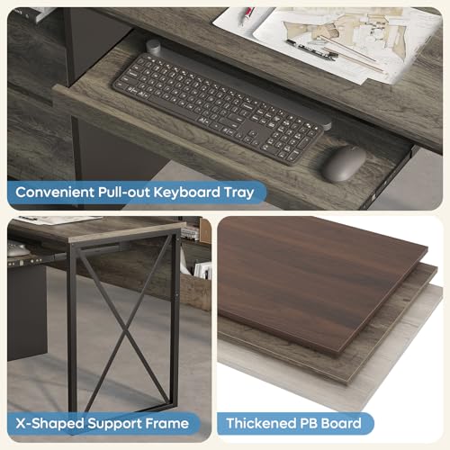 Bestier Office Desk with Drawers, 55 inch Industrial Computer Desk with Storage, Wood Teacher Desk with Keyboard Tray & File Drawer for Home Office, Dark Gray Oak - color: Dark Gray Oak