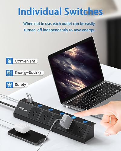 HOPOW 10 Ft Surge Protector Power Strip, Dual Layer Desk Clamp Power Strip & PD 20W USB C Flat Plug Power Strip with Individual Switches, for Home Office, Black