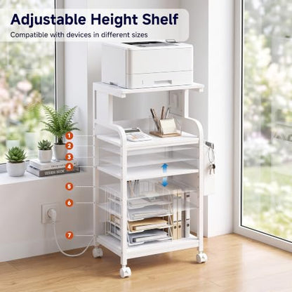 Tall Printer Stand with Charging Station, 4-Tier Large Printer Table Adjustable Shelf, Mobile Printer Cart on Wheels Heavy Duty for Home Office, Fits 3D Printer Shredder Scanner Fax, Pure White - color: White, size: 20.9''x15.7''
