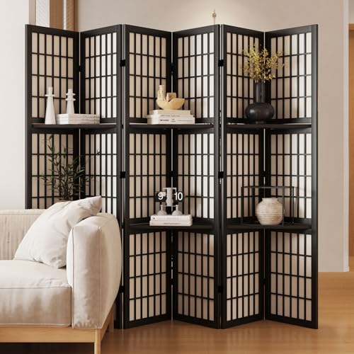 Room Divider with Shelves, 66.9-Inch Tall Japanese Shoji Style Wood Screen with Double Hinges for Home Office Decoration (6 Panels, Black) - color: Black - Shelves, size: 6 Panels