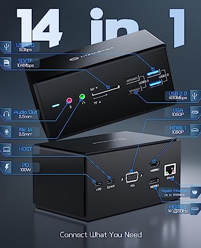 UtechSmart DisplayLink Docking Station,14 in 1 Laptop USB C Docking Station - color: Black