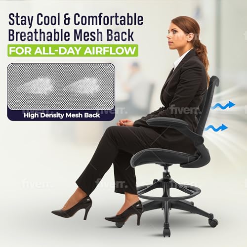 OfficeFactor Drafting Chair Tall Office Chair, 300 lb Capacity Standing Desk Chair, Adjustable & Ergonomic Desk Chair, Flip-Up Armrests, Mesh Back, Comfortable Leather (Black) - color: Black Drafting Chair