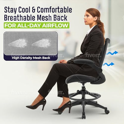 OfficeFactor Drafting Chair Tall Office Chair, 300 lb Capacity Standing Desk Chair, Adjustable & Ergonomic Desk Chair, Flip-Up Armrests, Mesh Back, Comfortable Leather (Black) - color: Black Drafting Chair