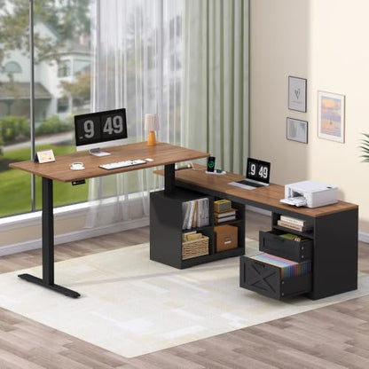 YOMILUVE Farmhouse L Shaped Standing Desk, 66 inch Corner Electric Standing Desk with Drawers ＆ Storage Shelves, Height Adjustable Computer Desk with Power Outlets for Home Office (Black and Brown) | Corner Electric Standing Desk with Drawers ＆ Storage Sh