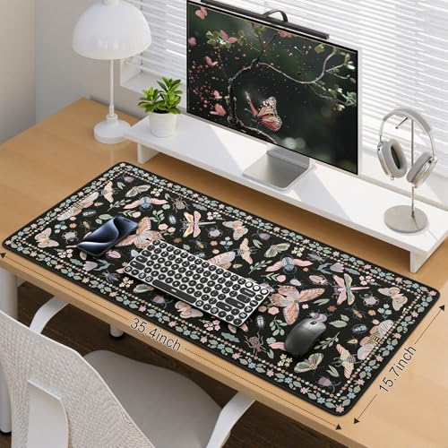 iCasso Black Large Mouse Pad, Desk Matt for Desktop, Insects | XXL Desk Mat for Keyboard and Mouse, Anti-Slip Big Mousepad Computer Mat with Stitched Edges - color: Insect-black