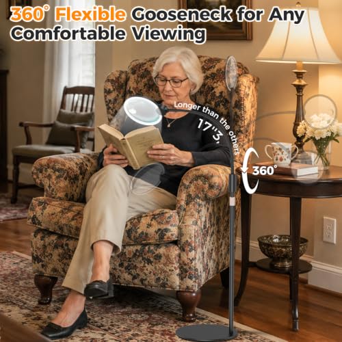 Rechargeable Cordless Floor Magnifying Glass with Light and Stand | 2-in-1 Floor & Desk Magnifying Lamp, 48 LED 3 Light Modes, Flexible Gooseneck, Hands-Free for Seniors Reading, Crafts, Sewing