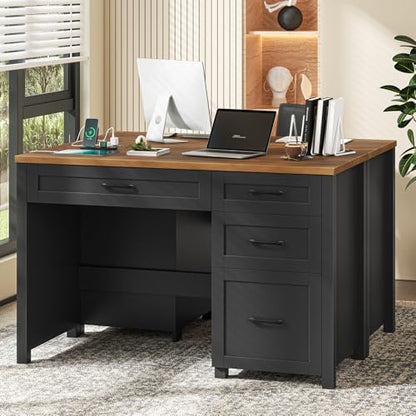 Farmhouse 47" Computer Desk, Executive Desk with File Drawer, Black Brown - color: Black Brown