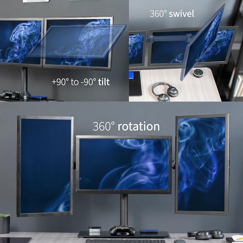 VIVO Black Triple Monitor Mount Freestanding Desk Stand with Glass Base, Heavy Duty Fully Adjustable Stand for 3 Screens up to 24 inches STAND-V003FG - size: 13" to 24" Screens