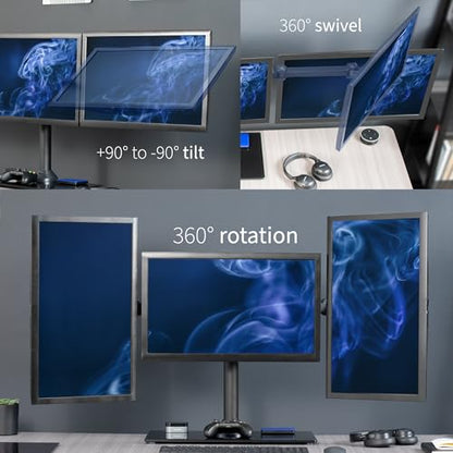 VIVO Black Triple Monitor Mount Freestanding Desk Stand with Glass Base, Heavy Duty Fully Adjustable Stand for 3 Screens up to 24 inches STAND-V003FG - size: 13" to 24" Screens