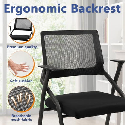 CLATINA Stackable Foldable Conference Room Chairs with Wheels, Portable Padded Office Desk Chair with Lumbar Support and Armrest for Training Room, Guest, Reception, Black (2pk)