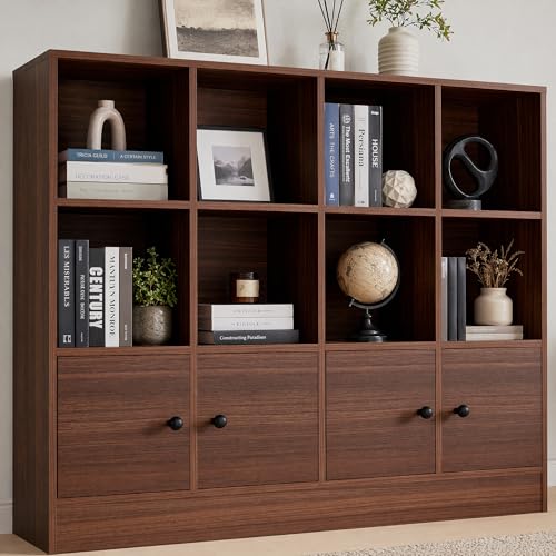 Cozy Castle Brown Wood Bookcase, 12 Cube Display Shelf with 4 Doors, 3 Tier Open Bookshelf with Adjustable Shelves for Living Room, Home Office, Entryway - color: Brown