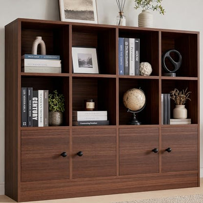 Cozy Castle Brown Wood Bookcase, 12 Cube Display Shelf with 4 Doors, 3 Tier Open Bookshelf with Adjustable Shelves for Living Room, Home Office, Entryway - color: Brown