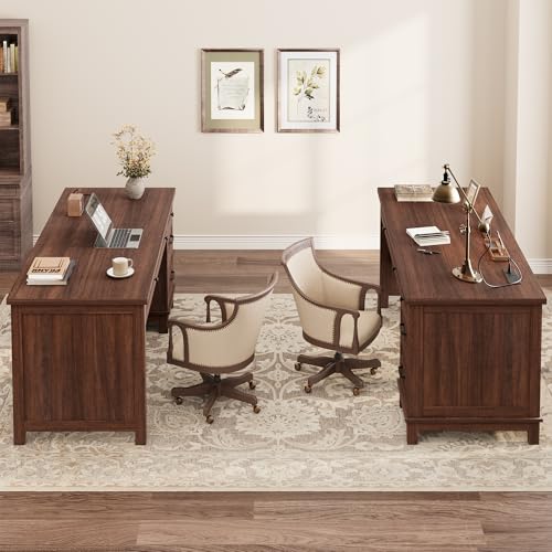 GarveeHome Executive Desk with Drawers, Farmhouse Home Office Desk with Charging Station, 53.54 in Wooden Computer Desk with File Cabinet Storage for Work Study Writing,Walunt Brown - color: Walunt Brown