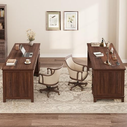 GarveeHome Executive Desk with Drawers, Farmhouse Home Office Desk with Charging Station, 53.54 in Wooden Computer Desk with File Cabinet Storage for Work Study Writing,Walunt Brown - color: Walunt Brown