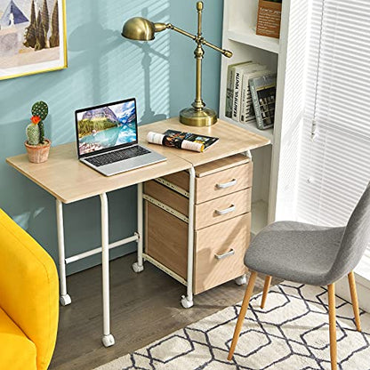 Tangkula Folding Computer Desk with 3 Storage Drawers, Mobile Home Office Desk Study Writing Desk with Smooth Wheels, Space Saving Compact Desk for Dorm Apartment, Rolling Folding Desk Table - color: Natural
