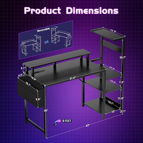 Apicizon 43 Inch Gaming Desk with LED Setup Style, Computer Desk with Storage Shelves & Monitor Stand, Reversible Workstation for Small Space, Home Office Desk Black - size: 43inch